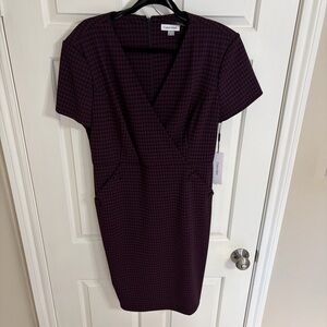 NWT Calvin Klein Plum and Black Houndstooth Wrap-Front Midi Dress